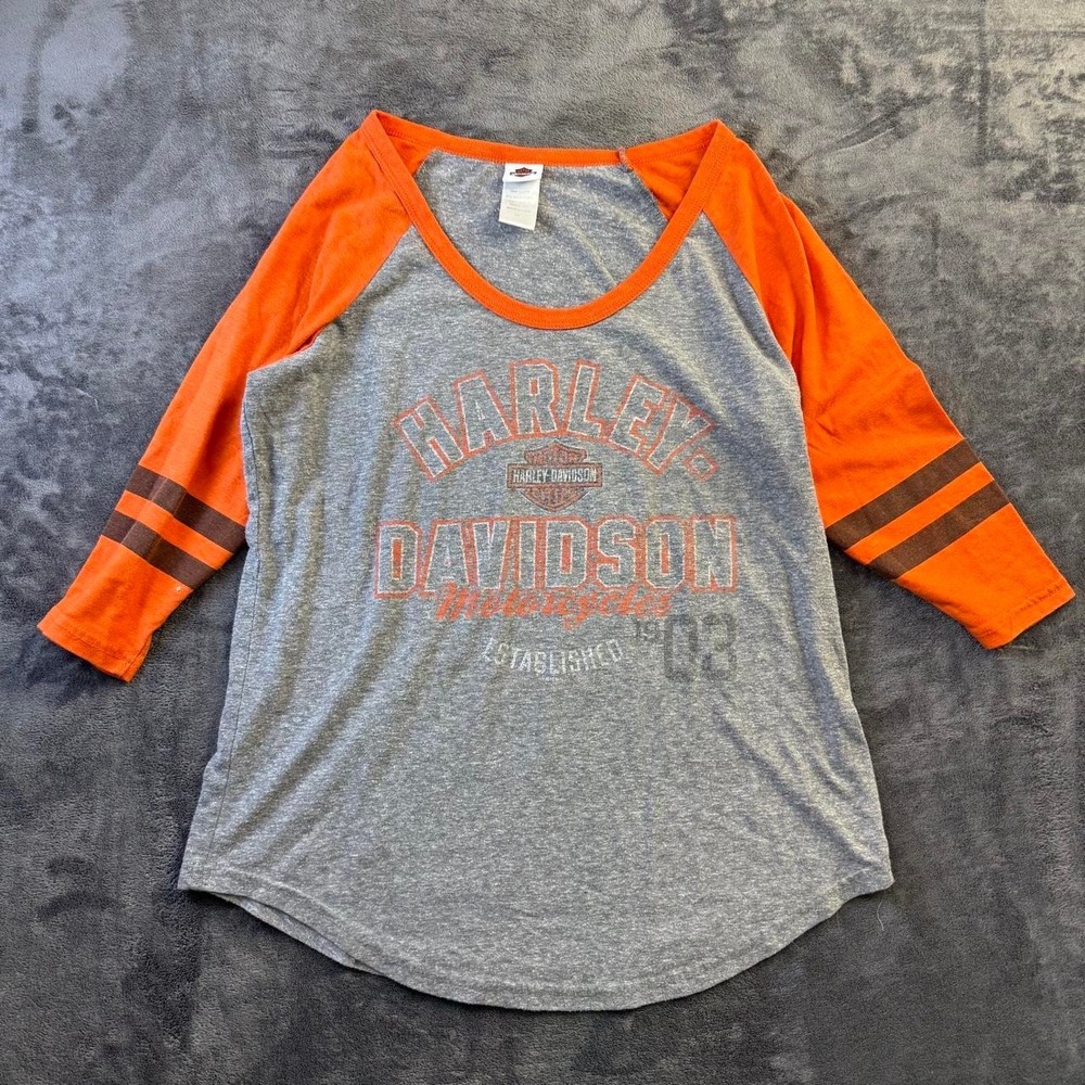 Harley Davidson Buffalo Bill Cody Wyoming Raglan Tee Womens Medium Gray Orange